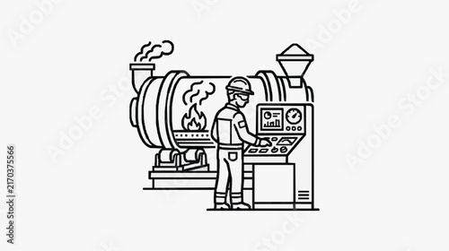 Industrial Worker Monitoring Large Rotary Furnace with Control Panel