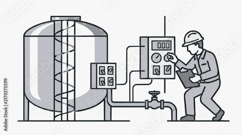 Industrial Worker Monitoring Large Storage Tank Control Panel System