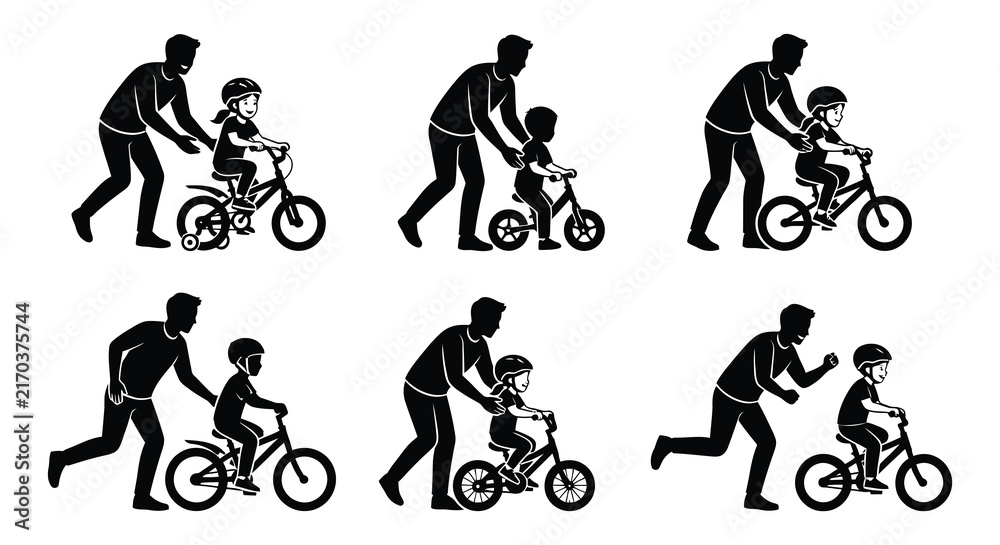 Fototapeta premium Father teaching child to ride bicycle black silhouette vector illustration