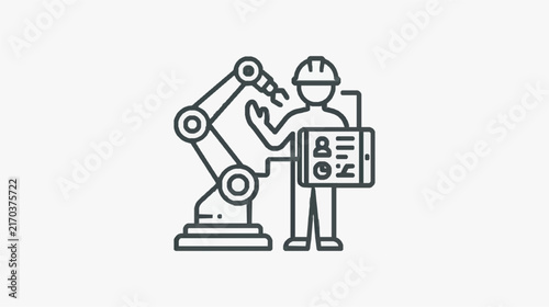 Professional Engineer Monitoring Industrial Robot Arm with Digital Tablet