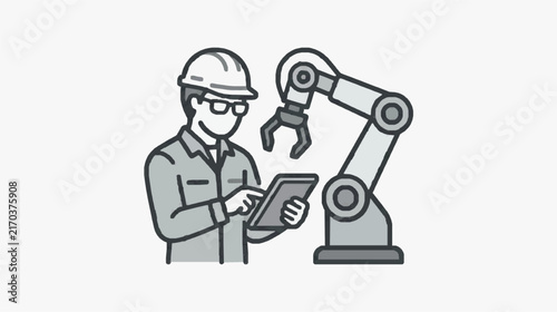 Industrial Worker Monitoring Robotic Arm with Digital Tablet