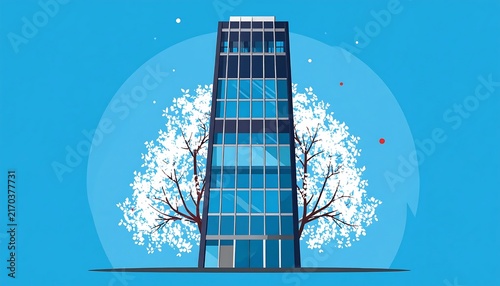 Modern office building with winter trees and blue sky.