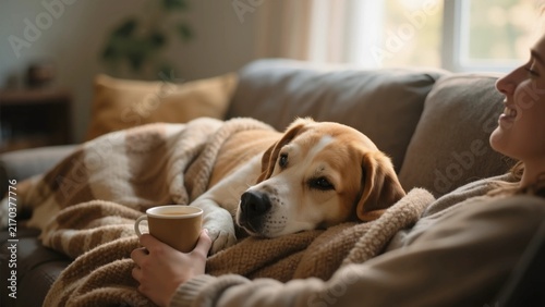 Naklejka リビングのソファで毛布にくるまり飼い主の女性とリラックスする愛犬との穏やかな時間