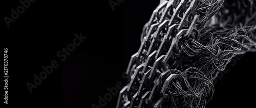 Intricate black mechanical chain structure with hexagonal links and metallic fibers for industrial hardware engineering display.