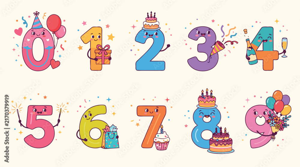 Fototapeta premium Colorful cartoon numbers zero through nine with party celebration elements