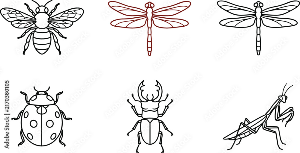 Naklejka premium Insects and garden bugs line icon set featuring bee dragonfly ladybug stag beetle and praying mantis