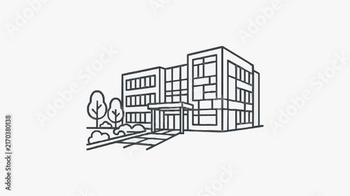 Modern Minimalist Line Drawing of University or Office Building with Trees