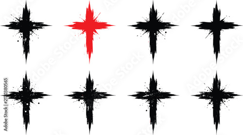 Grunge Christian Cross Icon Set with Rough Brush Stroke Textured Crucifix Symbols and One Unique Red Highlight Element for Religious Graphic Designs