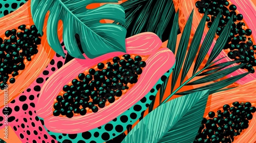 Exotic tropical fruit and foliage pattern with vibrant colors.