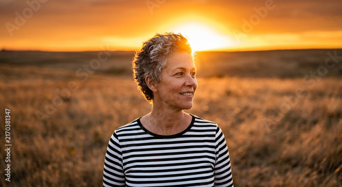 Happy Mature Woman Smiling During Golden Hour Sunset in Meadow