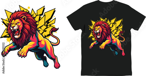Aggressive Roaring Lion Mascot Graphic Design with Colorful Pop Art Shading and Yellow Abstract Exploding Elements for Streetwear T Shirt Apparel Print