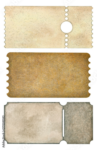 Watercolor vintage blank ticket templates. Retro empty coupon cards with old paper texture isolated on white background. Design elements for event invitations, junk journals, scrapbooking