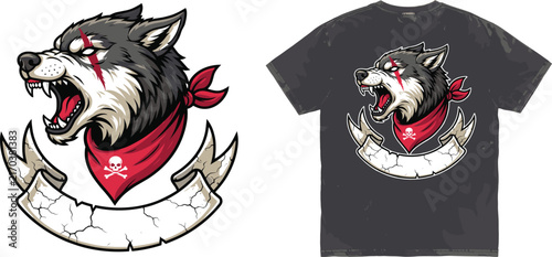Aggressive Wolf Mascot Badge Design with Angry Roaring Werewolf Eye Scar Skull Bandana and Blank Ribbon Banner for T Shirt Apparel Print