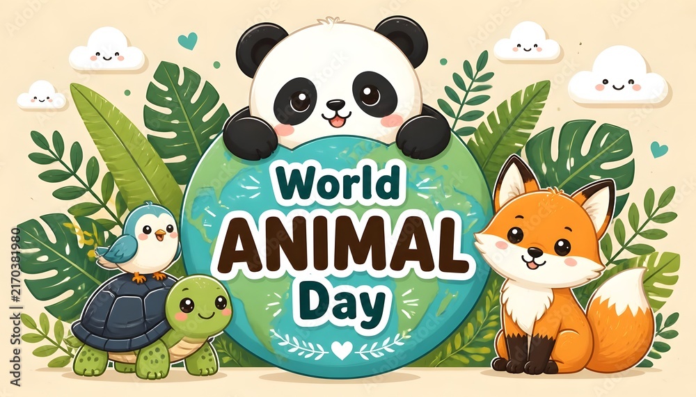 Naklejka premium Cute cartoon animals like a panda and fox celebrating world animal day with a green globe and tropical leaves