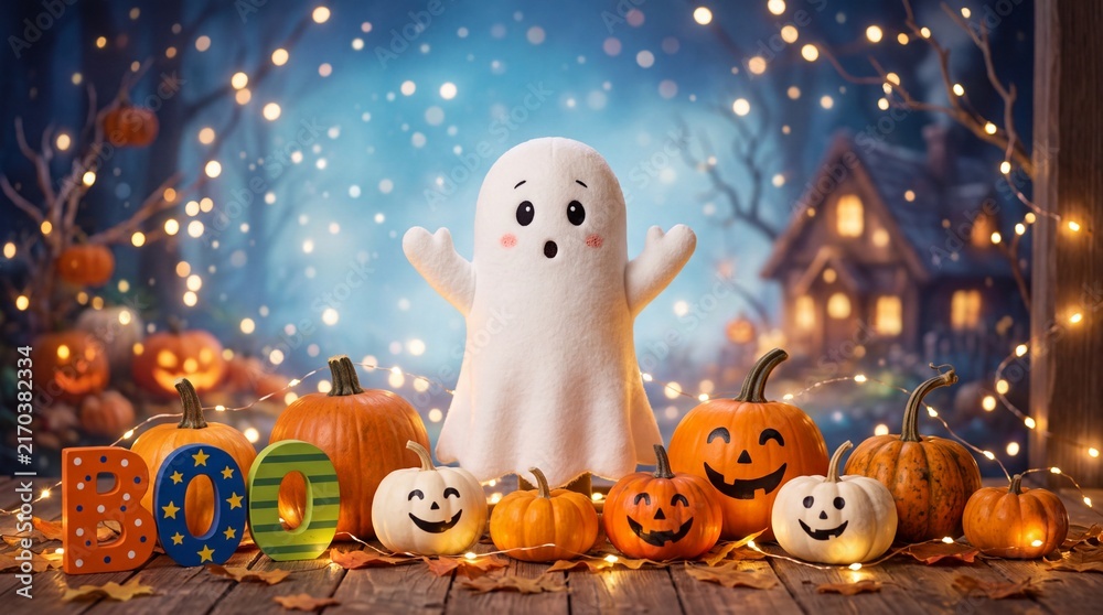 Obraz premium A delightful halloween scene features a cheerful ghost character surrounded by illuminated pumpkins and shimmering lights for a festive spooky atmosphere