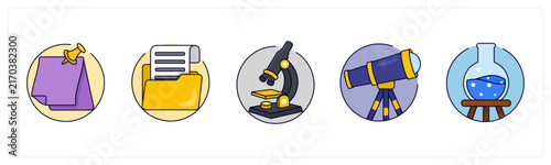 A set of 5 mix icons as Sticky Notes, Folder, Microscope