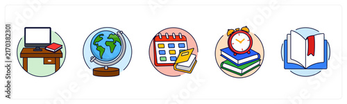A set of 5 mix icons as Study Desk, Office Building, Study schedule