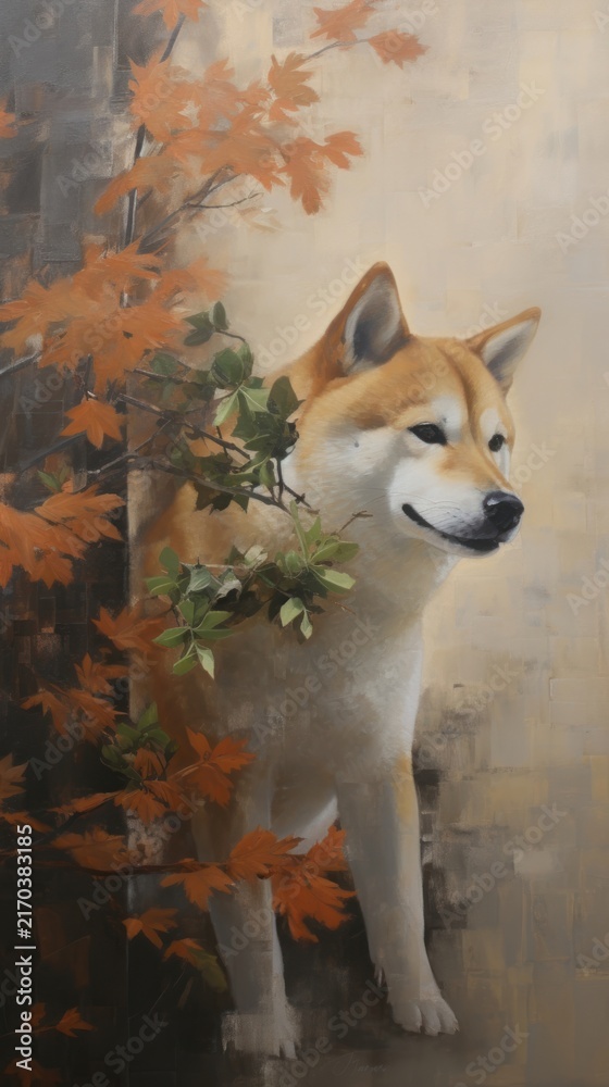 Fototapeta premium Acrylic paint of akita with flower painting animal mammal.