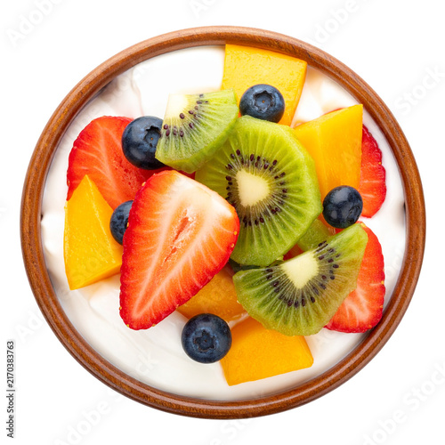 fruit salad with white yogurt on white and transparent background