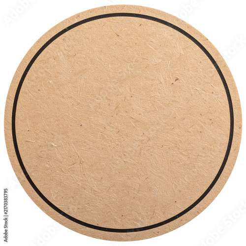 Front view of blank round cardboard beer coaster on white or transparent background
