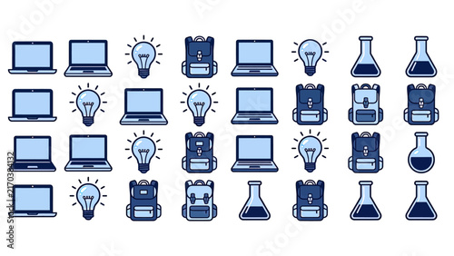 Digital Learning Backpacks Laptops Lightbulbs Flasks Icons Set