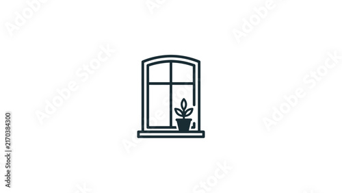 Minimalist Window Icon With Potted Plant On White Background