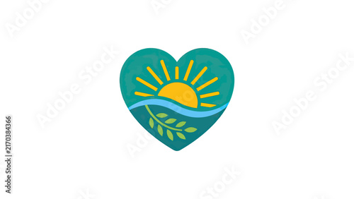 Heart Shape Emblem With Sun, Waves, and Plant Branch