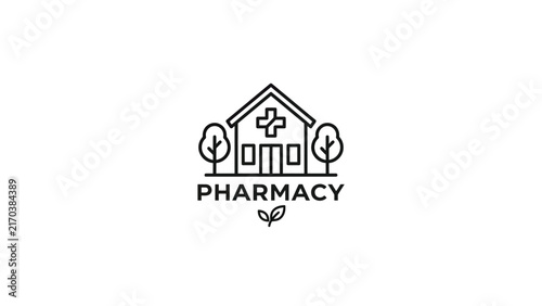 Pharmacy Building Icon With Trees And Cross Symbol