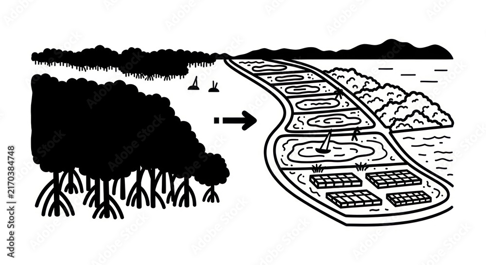 Obraz premium Mangrove forest to shrimp farm conversion.