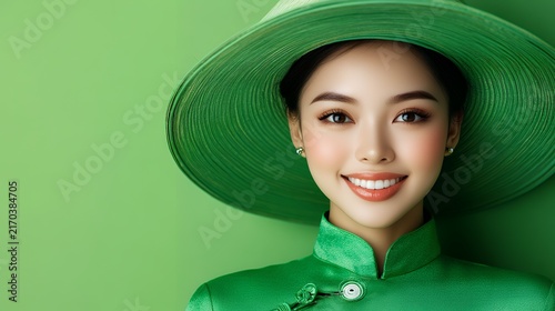 Smiling asian female in green hat and dress against green background