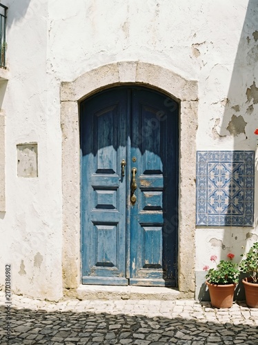 Narrow cobblestone street with whitewashed buildings, blue wooden door and pink flowers, blue tiles near sea view at Amalfi coast.