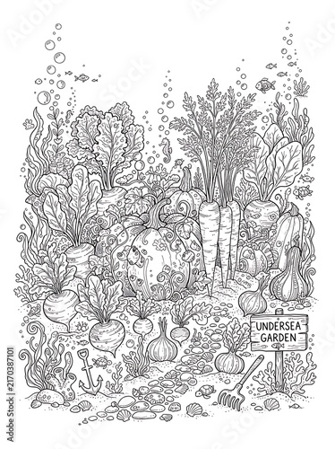 Underwater vegetable garden coloring page featuring pumpkins beets carrots and sea life for creative coloring projects at home.