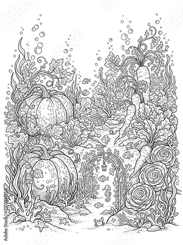 Fantasy sea garden coloring page with large pumpkins carrots cabbage and archway for adult coloring hobby and relaxation needs.