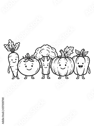 Cute vegetable characters coloring page featuring carrot tomato broccoli pumpkin and bell pepper holding hands with happy smiles.