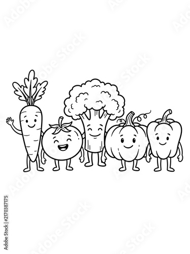 Cute cartoon vegetables waving and smiling together in a friendly line art illustration for children coloring activity sheets.