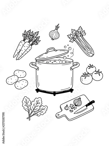 Vegetable soup cooking ingredients coloring page with boiling pot carrots onions celery potatoes tomatoes greens and cutting board.