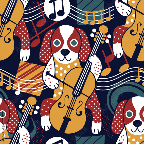 Bright seamless pattern featuring cute puppies, cellos, musical notes and decorative elements in retro style on a dark background