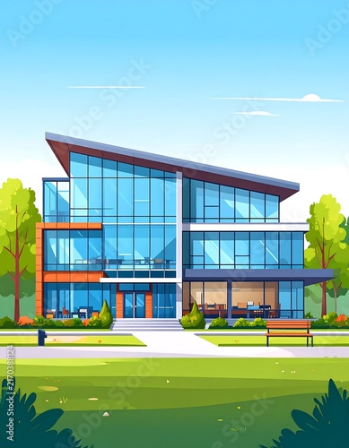 Modern glass office building with blue sky and greenery.