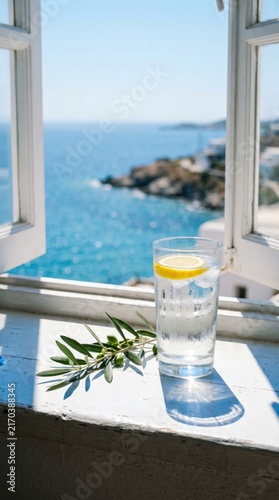 Glass of water with lemon slice and olive branch on white wooden windowsill overlooking blue sea at Amalfi coast.