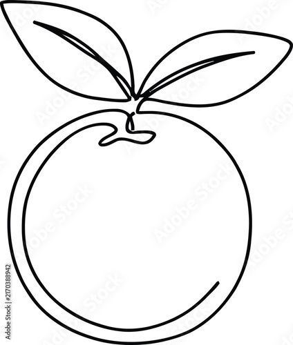 Orange Fruit with Leaves Line Art Icon, Black and White Outline Vector Illustration on White Background