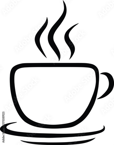 Coffee Cup with Steam Line Art Icon, Black and White Outline Vector Illustration on White Background