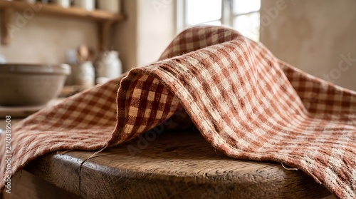 Red and white checkered linen napkin rests elegantly on wooden surface.