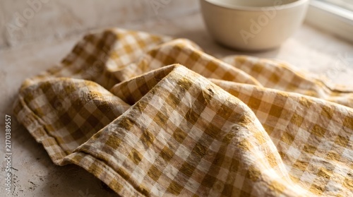 Yellow and white checkered linen napkin rests on a stone surface.