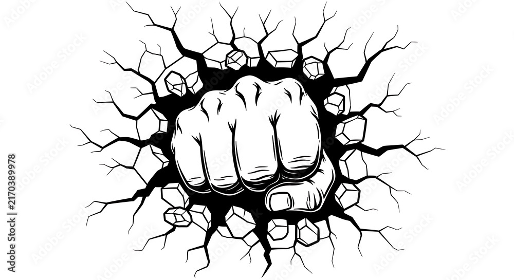 Fototapeta premium A powerful fist breaking through a cracked wall in a dramatic black and white illustration