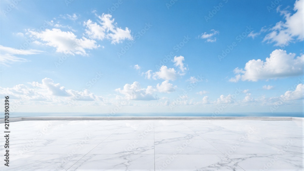 Fototapeta premium Marble terrace overlooking ocean under blue sky with horizon