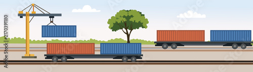 Shipping Container Crane Loading Train Illustration. Freight Train Container Loading. Intermodal Container Crane and Train.