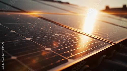 Closeup of solar panels on rooftop highlighting renewable energy solution concept. Close-up of solar panels capturing sunlight for renewable energy during golden hour