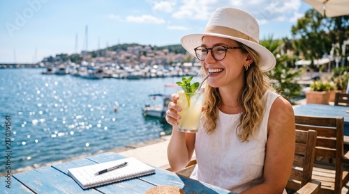Woman in straw hat drinking yellow beverage with lemon and mint at blue table with open note book overlooking water and boats at Amalfi coast.
