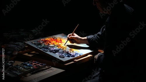 Painter sits at his workbench with artistic tools to create a colorful.