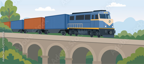 Blue Cargo Train Crossing Stone Bridge Illustration. Train Transport Over Stone Bridge. Cargo Railway Train Crossing Bridge.